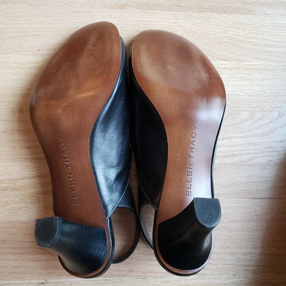 Ellen Tracy Black Leather Open-Toe Sling-back Stacked Heels- Size 8 M - EUC - Picture 8 of 8